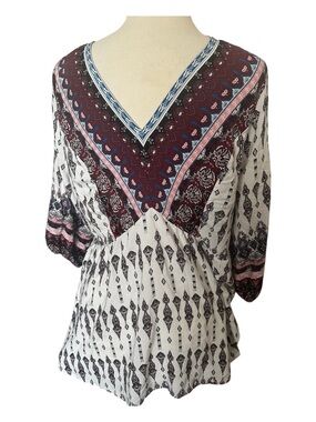 BloomChic plus size 18 Boho Burgundy Paisley V-Neck top with Blue Trim